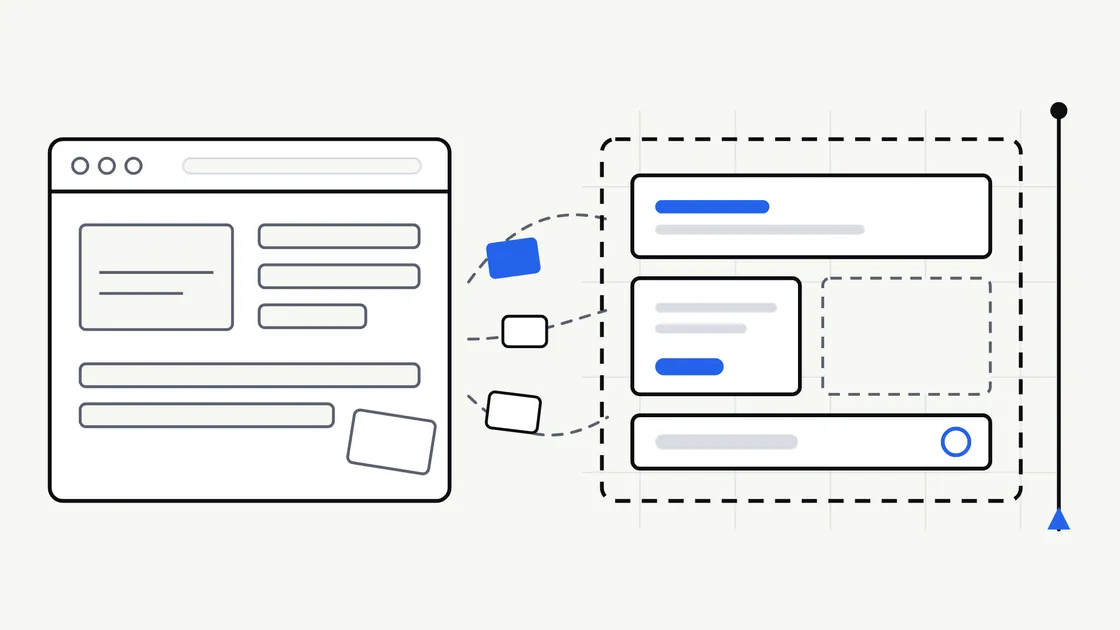 Flat vector illustration of an old browser window beside a partly assembled new one, with blocks moving across to a fresh layout grid