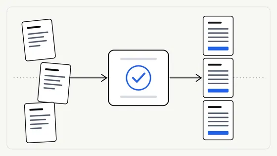 Flat illustration of three document cards moving along a line through a central step and emerging as matching tidy cards, with a blue accent on the line