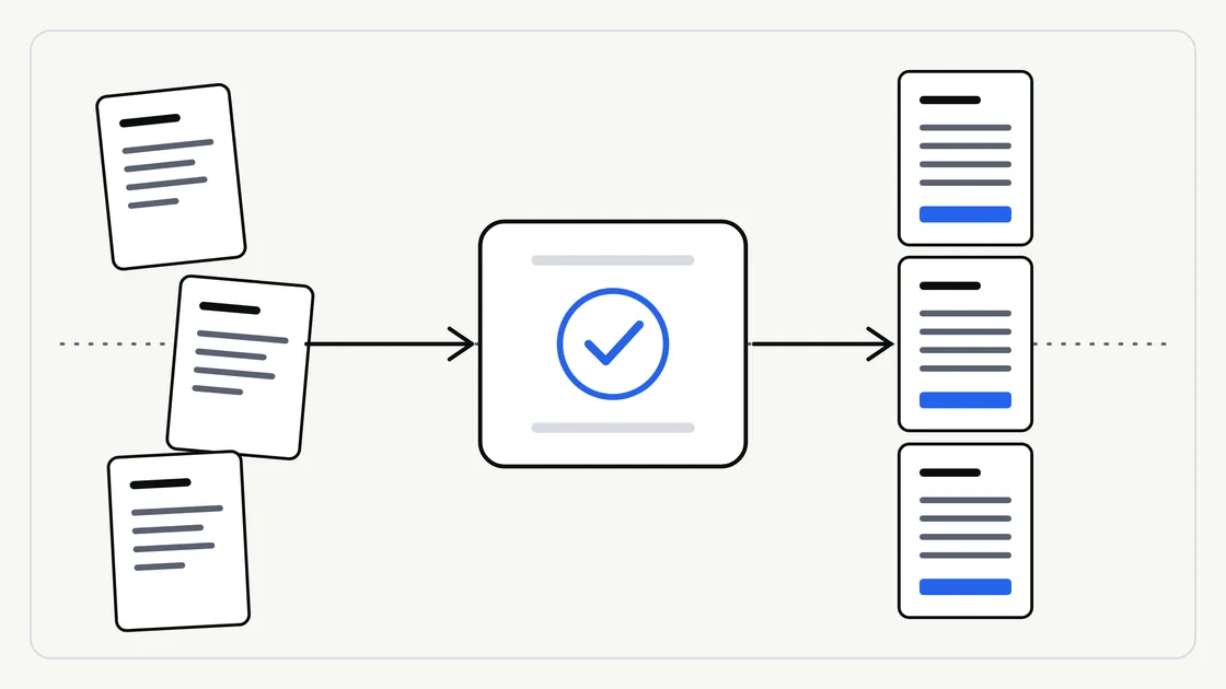Flat illustration of three document cards moving along a line through a central step and emerging as matching tidy cards, with a blue accent on the line
