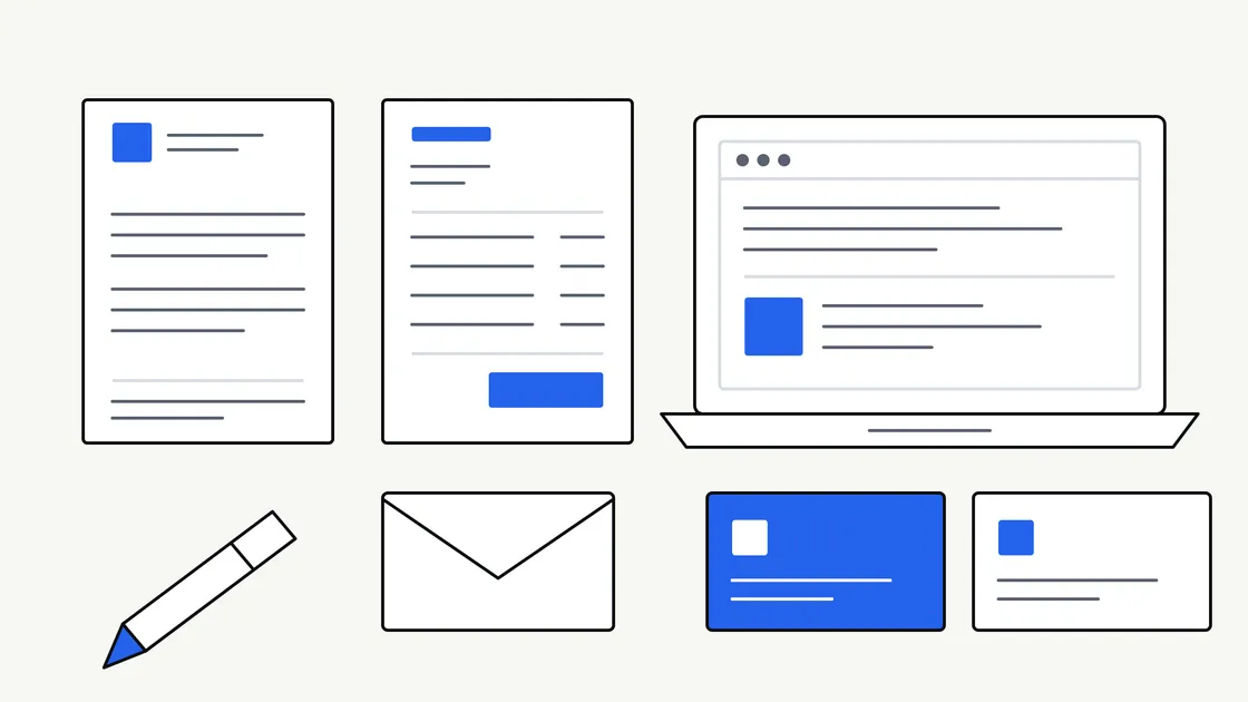 Flat illustration of branded business assets arranged in a grid - a letterhead, an invoice, a laptop showing an email signature, an envelope, two business cards and a pen