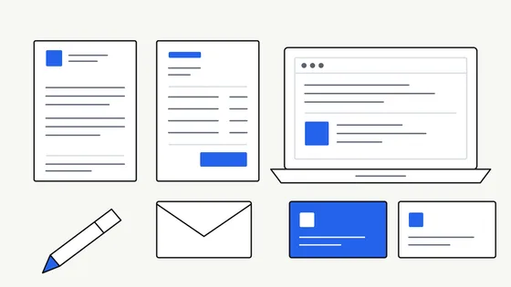 Flat illustration of branded business assets arranged in a grid - a letterhead, an invoice, a laptop showing an email signature, an envelope, two business cards and a pen
