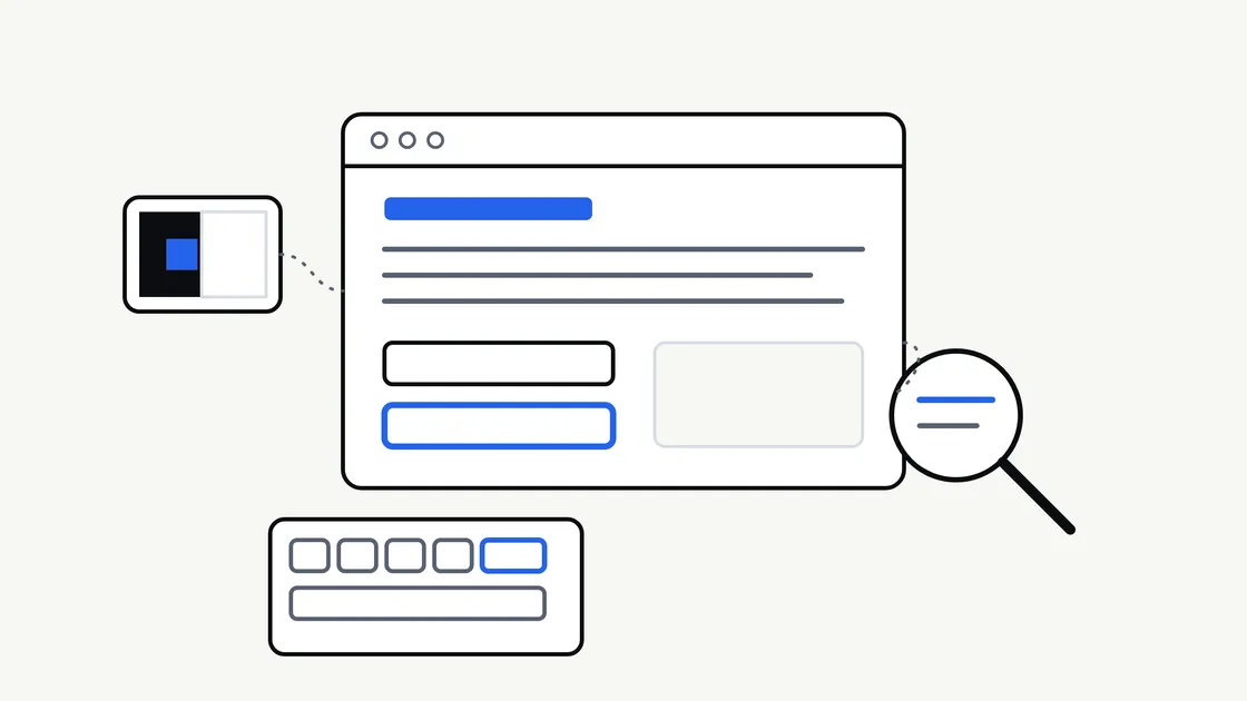 Illustration of a browser window with a keyboard, a magnifier and a contrast swatch around it, showing different ways people use a website