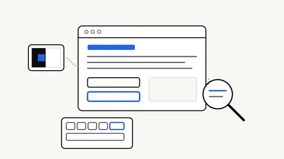 Illustration of a browser window with a keyboard, a magnifier and a contrast swatch around it, showing different ways people use a website