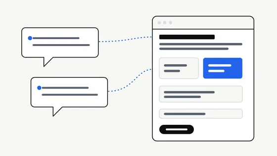 Illustration of a web page layout with speech bubbles on one side being matched to content blocks on the other