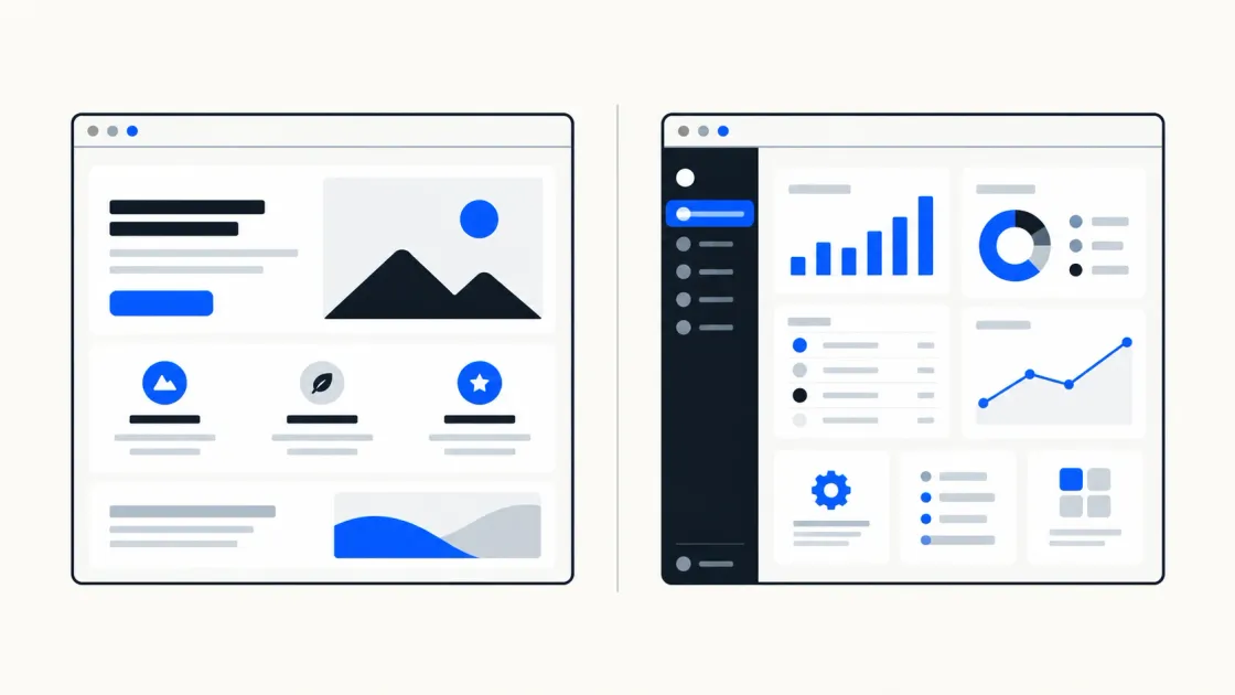 A content-led business website beside a task-led web application dashboard
