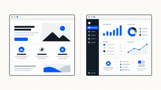 A content-led business website beside a task-led web application dashboard