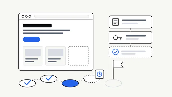 Illustration of a website page layout with a path of stepping stones, one of them blocked by a pending item