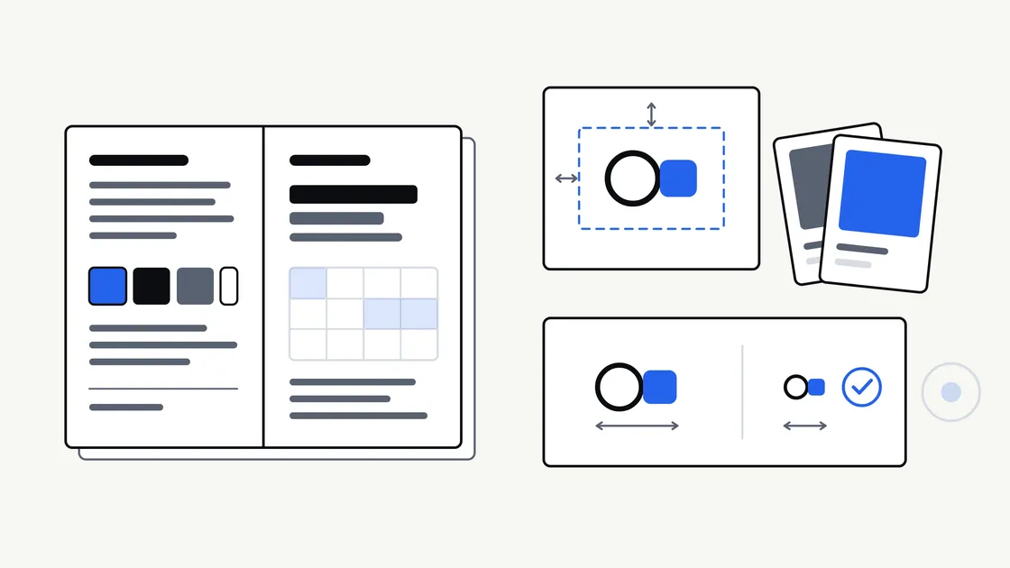Flat illustration of an open brand guidelines document beside colour swatch cards, a type sample sheet and a logo spacing diagram