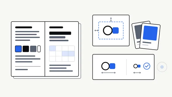Flat illustration of an open brand guidelines document beside colour swatch cards, a type sample sheet and a logo spacing diagram