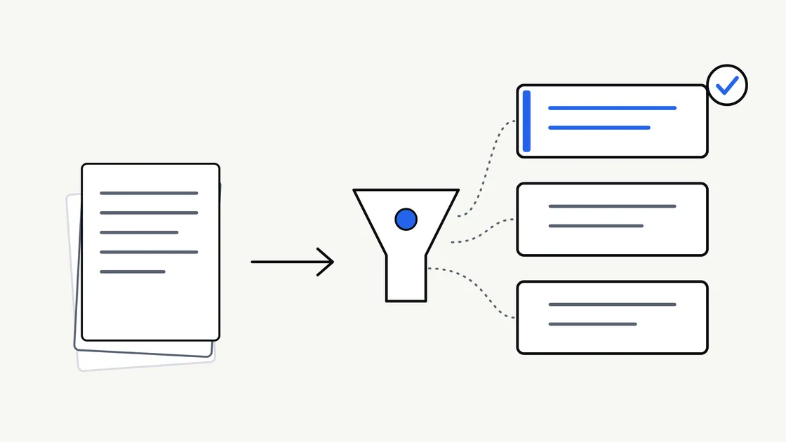 Flat vector illustration of a stack of papers being sorted into three trays, with one tray highlighted in blue and a checkmark card beside it