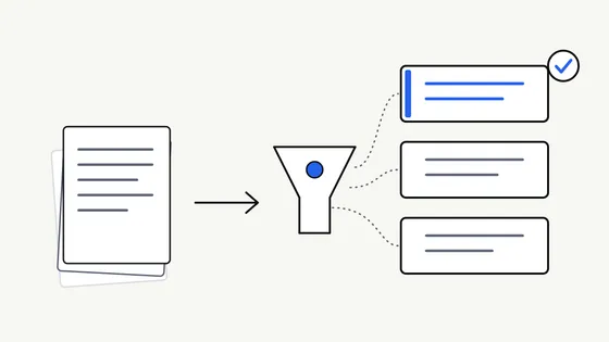 Flat vector illustration of a stack of papers being sorted into three trays, with one tray highlighted in blue and a checkmark card beside it