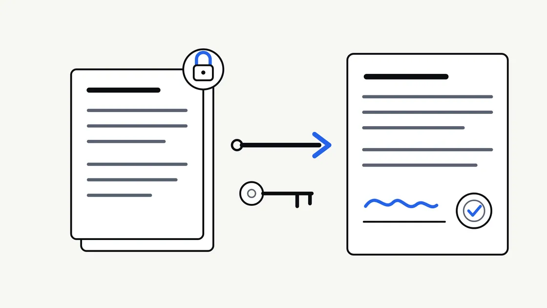 Flat vector illustration of a locked stack of draft documents with an arrow and a key pointing to a signed agreement bearing an approval seal