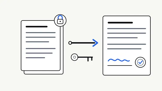 Flat vector illustration of a locked stack of draft documents with an arrow and a key pointing to a signed agreement bearing an approval seal