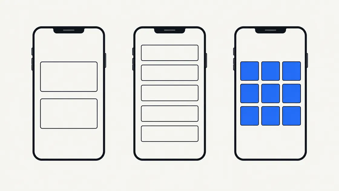 Three mobile phones showing progressively more complex app layouts