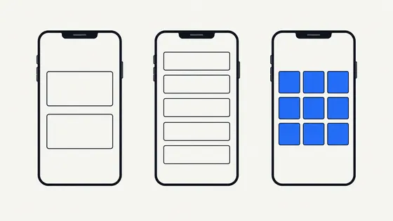 Three mobile phones showing progressively more complex app layouts