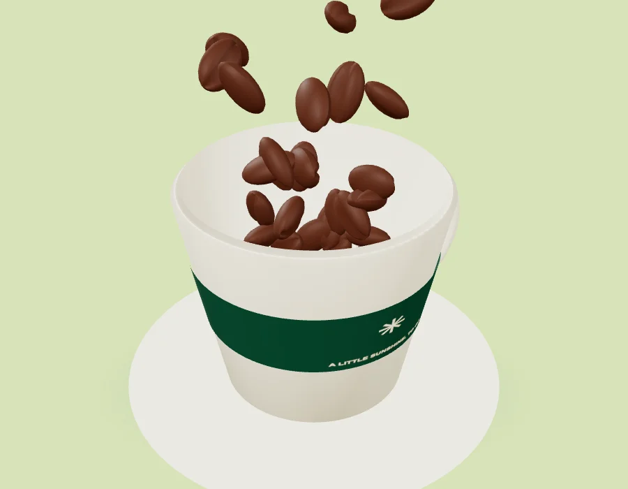 Coffee beans falling into an empty cream cup: an original 3D illustration.