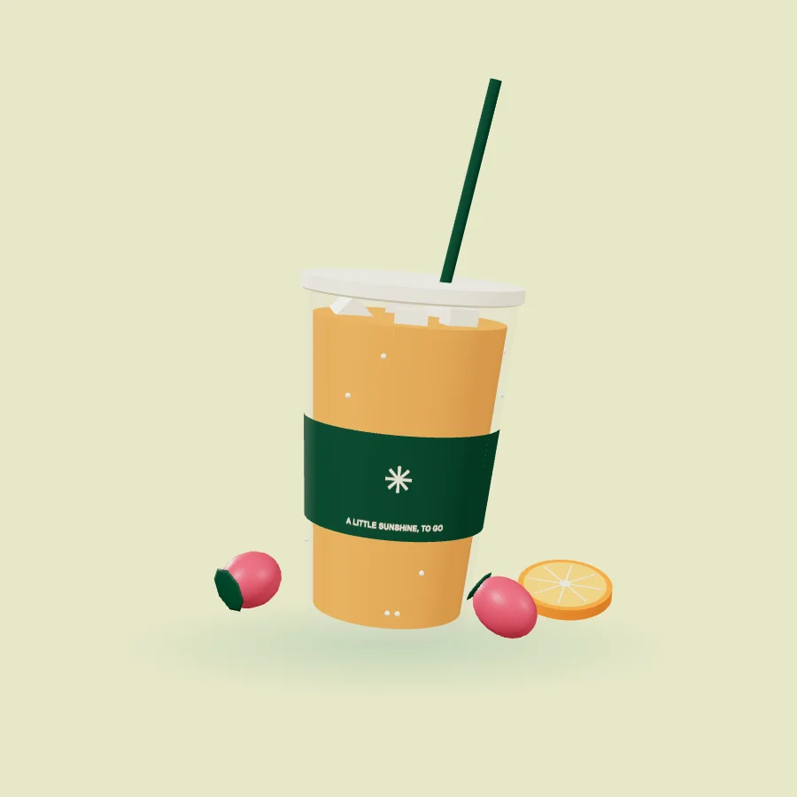 An original 3D orange smoothie cup with a green straw, orange slices and a café sleeve.