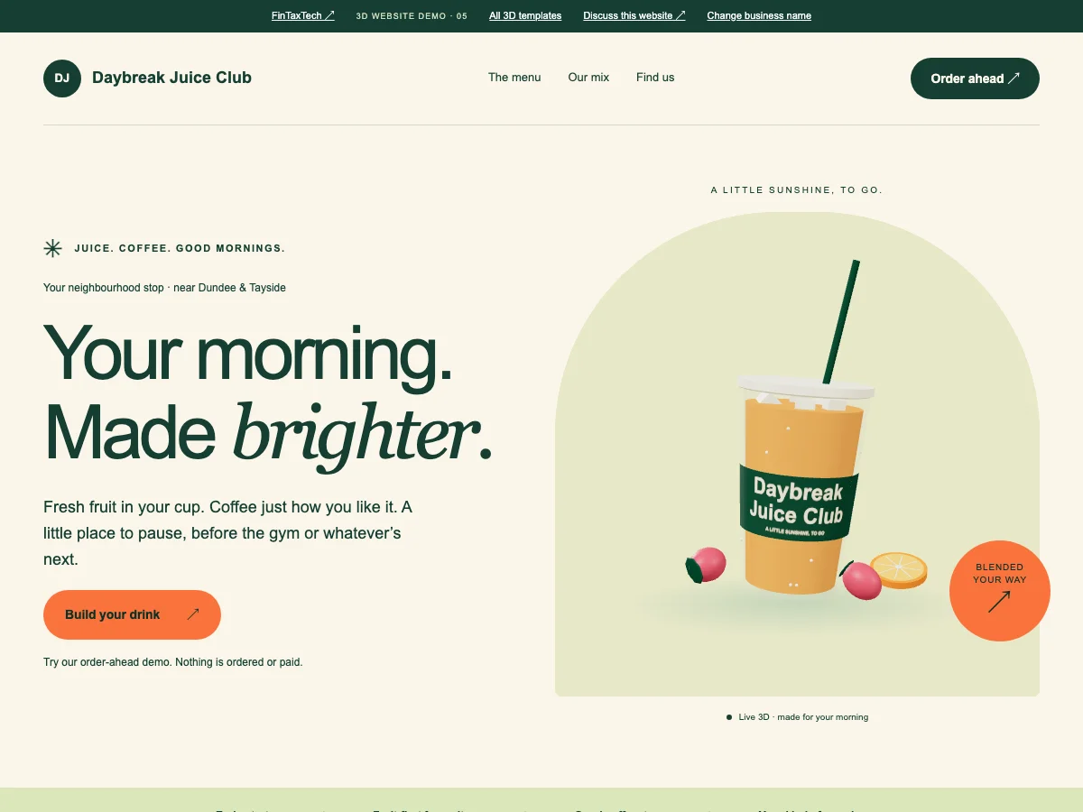 Daybreak Blend café demo: Daybreak Juice Club, an orange smoothie cup beside “Your morning. Made brighter.” on a warm cream page.