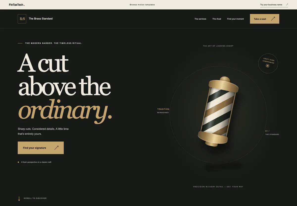 The Brass Standard barber demo: a charcoal and brass hero with “A cut above the ordinary” beside an illustrated barber pole.